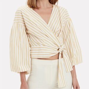 DEREK LAM 10 CROSBY striped bell sleeve tie waist blouse yellow stripe size 8